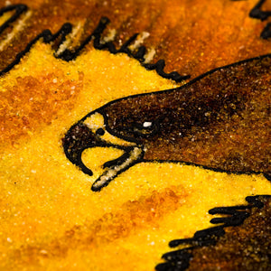 Macro close-up of BalticBliss genuine amber eagle artwork, highlighting detailed beak and eye crafted from natural Baltic amber grains, showcasing authentic Lithuanian amber artistry and intricate handmade techniques.