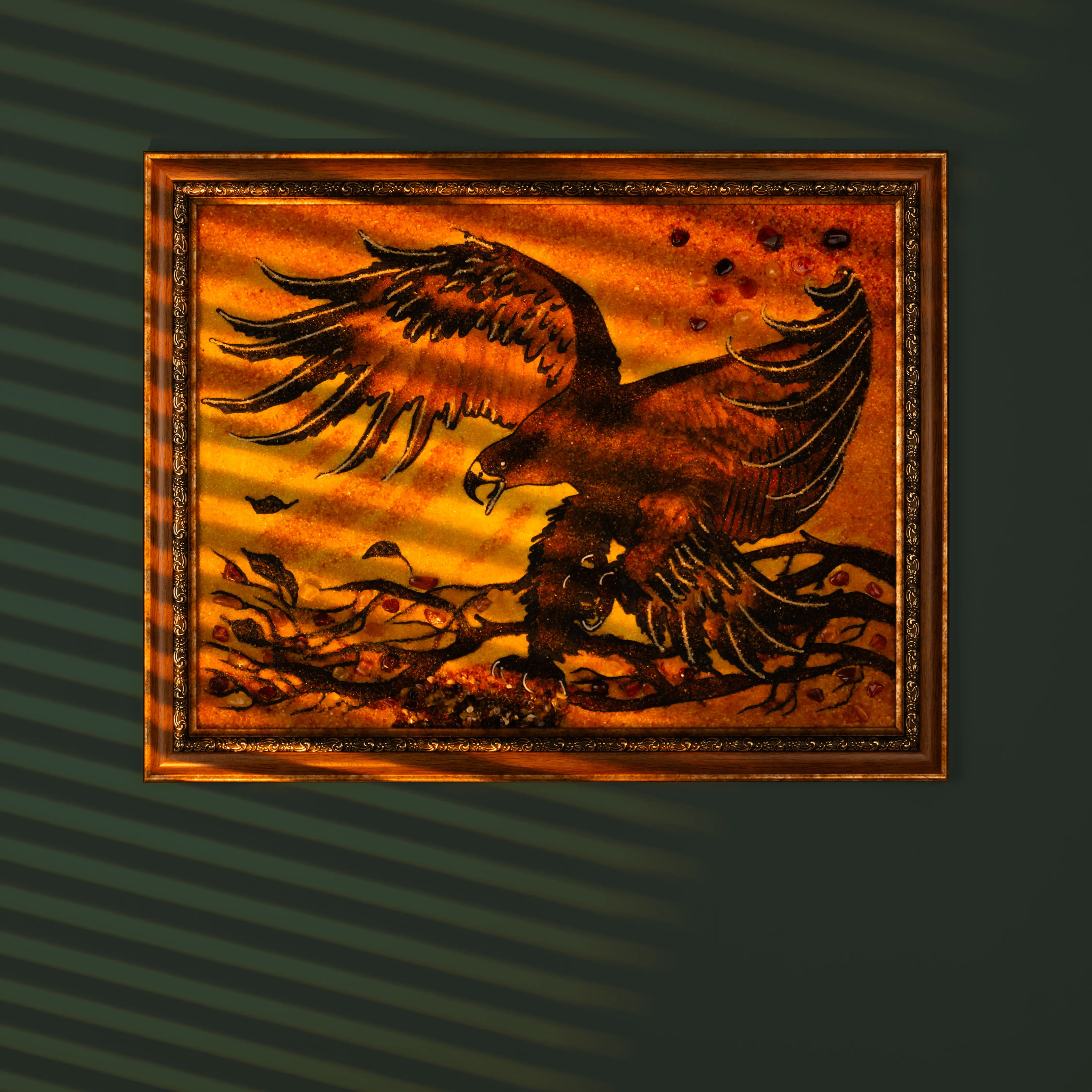 Handcrafted BalticBliss genuine amber artwork featuring a majestic eagle in flight against a sunset background, detailed with natural Baltic amber pieces, unique Lithuanian amber craftsmanship, perfect amber wall art for collectors and gifts.