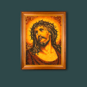 Full view of BalticBliss genuine amber artwork portraying Jesus Christ with crown of thorns, created with authentic Baltic amber pieces, traditional Lithuanian handmade amber art, perfect for religious home decor and heartfelt gifts.