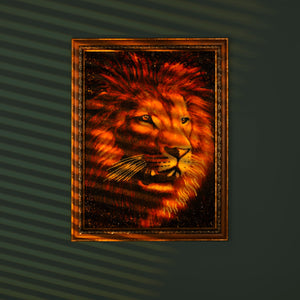 BalticBliss genuine amber lion portrait painting, majestic lion head crafted from natural cognac Baltic amber pieces with fiery mane, authentic Lithuanian handmade amber art wall décor for wildlife lovers.