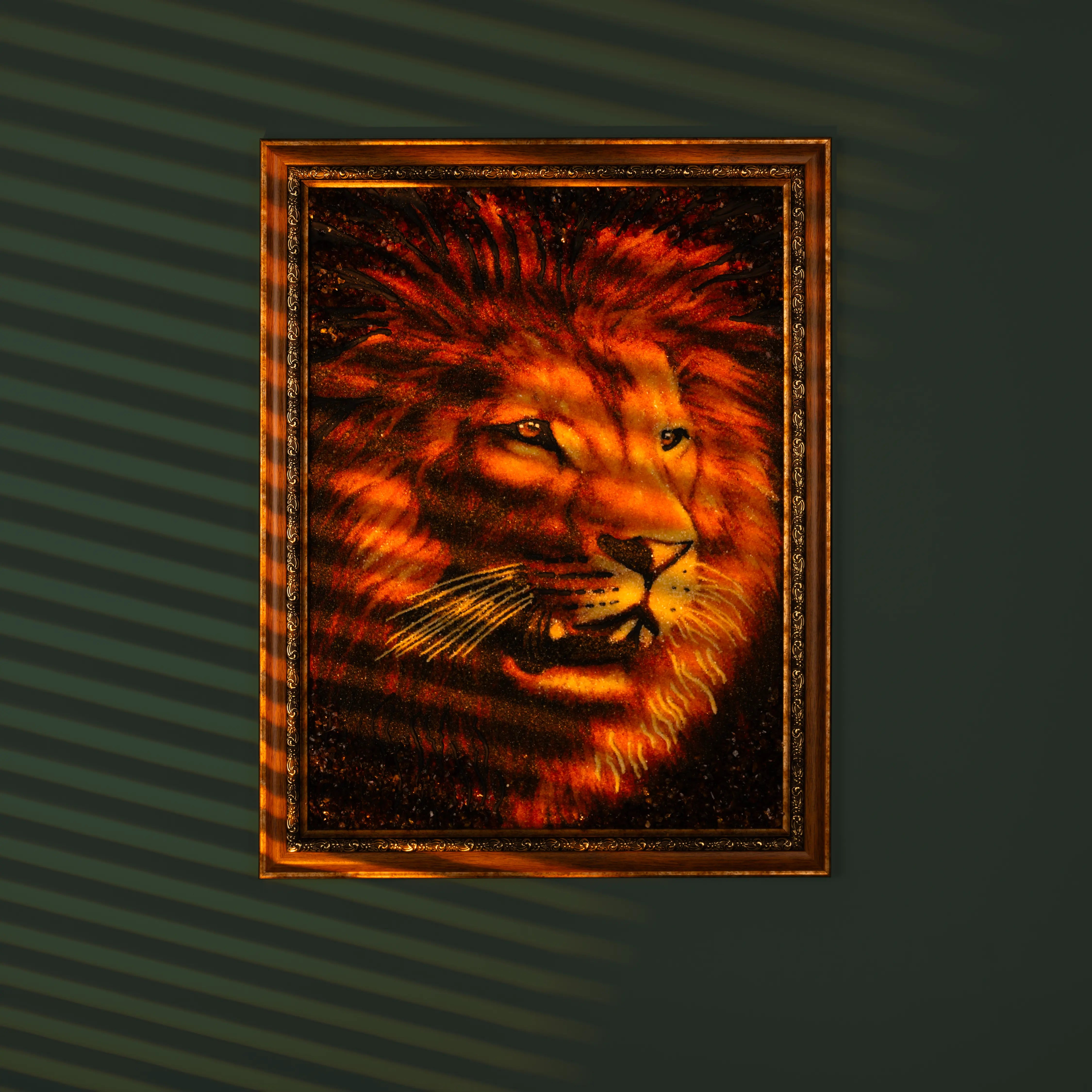 BalticBliss genuine amber lion portrait painting, majestic lion head crafted from natural cognac Baltic amber pieces with fiery mane, authentic Lithuanian handmade amber art wall décor for wildlife lovers.