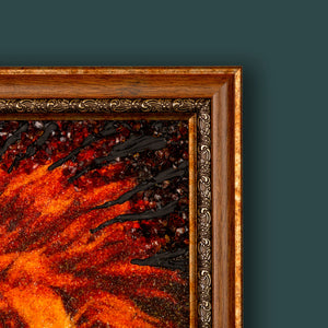Corner close-up of BalticBliss genuine amber wildlife painting, featuring vibrant fiery fur texture crafted from natural cognac Baltic amber chips and dark wood inclusions, ornate carved wooden-and-gilt frame detail, authentic Lithuanian amber art décor.