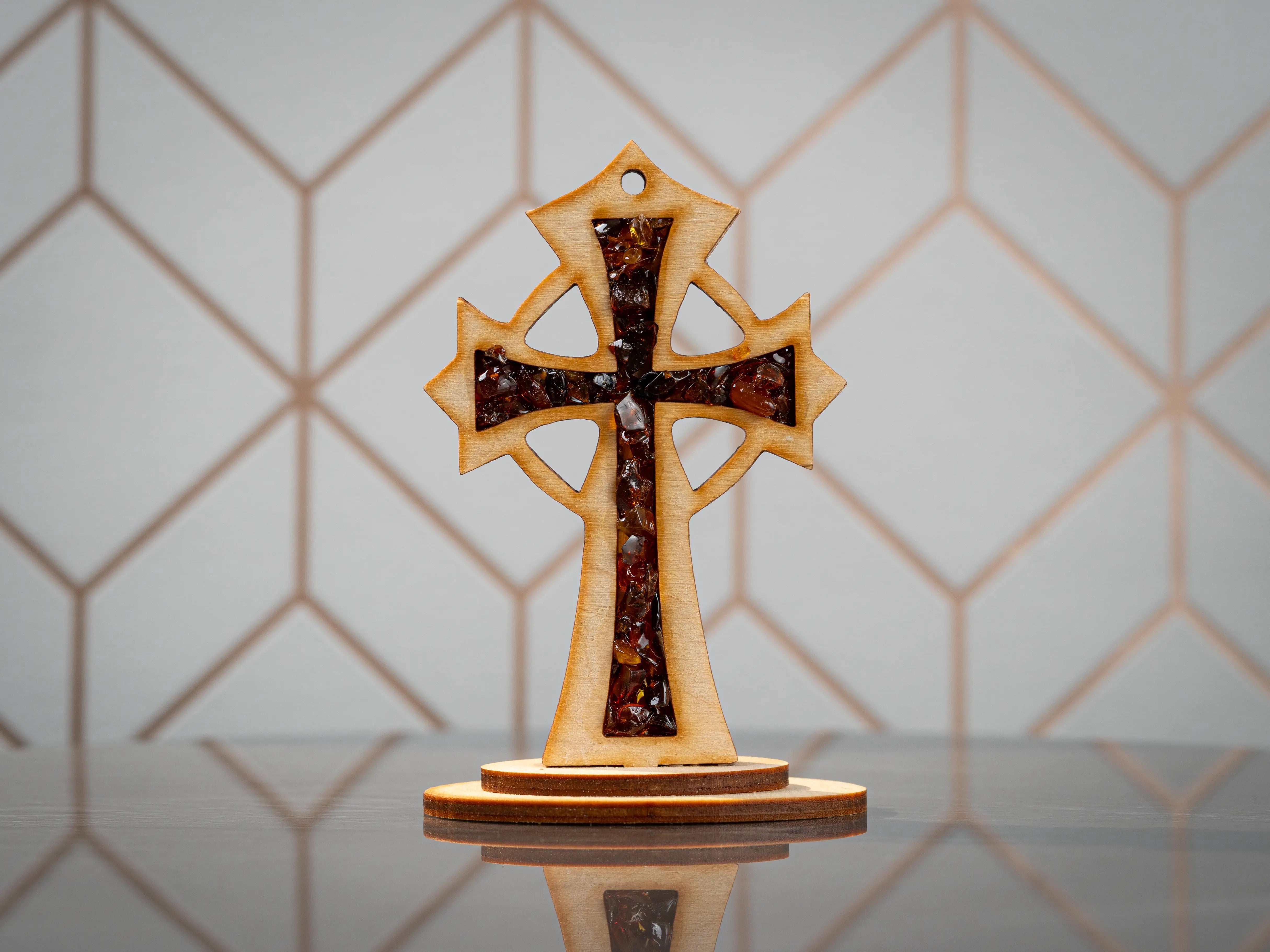 BalticBliss genuine amber wooden Celtic cross with Baltic amber chips, handcrafted Lithuanian religious dΓ©cor crucifix ornament, authentic amber cross souvenir and spiritual home gift.