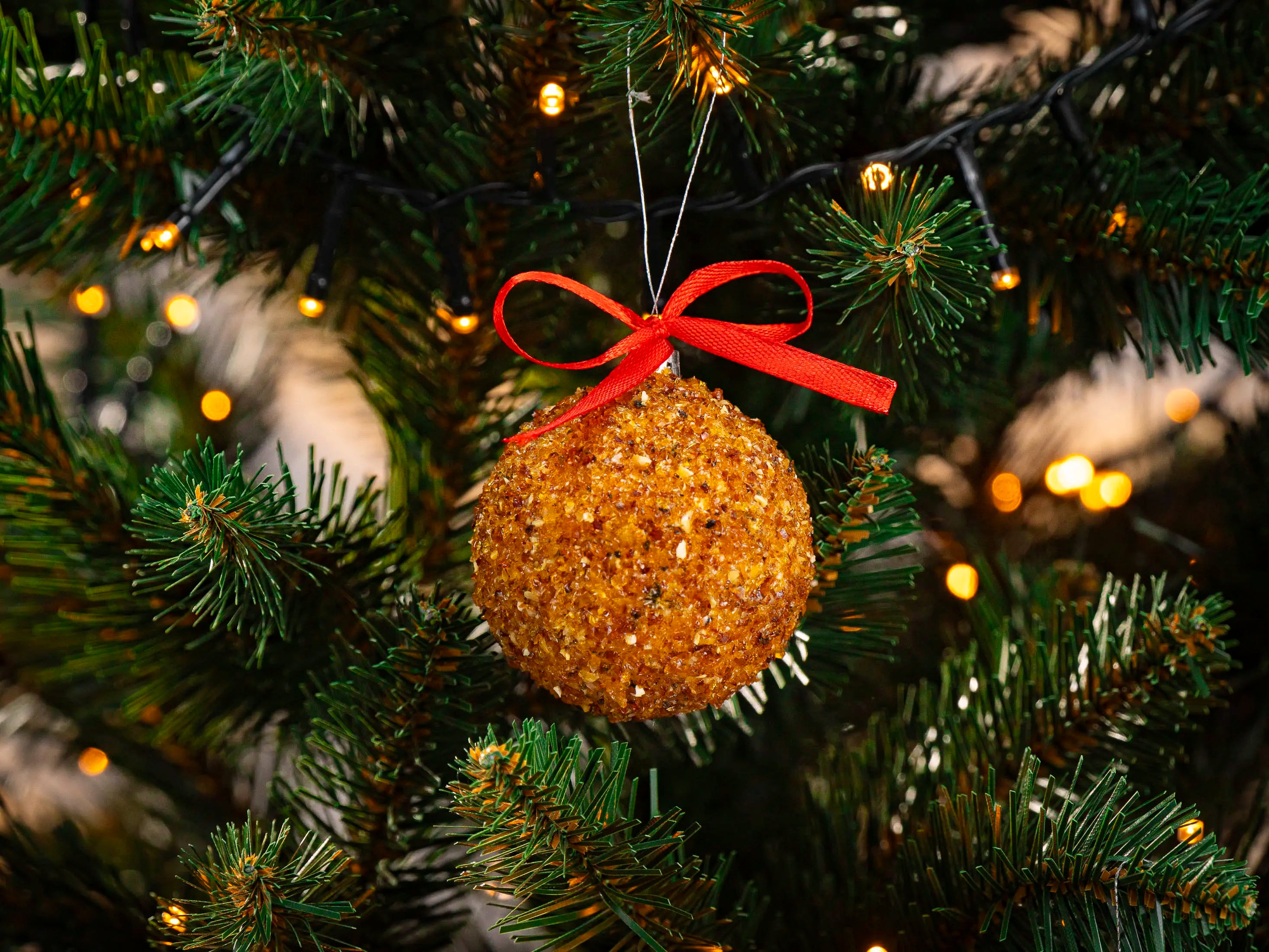 BalticBliss genuine Baltic amber Christmas tree ornament ball crafted from sparkling natural amber chips and topped with a bright red ribbon bow, hanging on lush green fir branch among warm twinkle lights, handmade in Lithuania, eco‑friendly authentic amber holiday décor ships worldwide