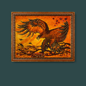 Authentic BalticBliss genuine amber picture showcasing a powerful eagle descending over a golden landscape, intricately crafted with real Baltic amber stones, exquisite Lithuanian handmade amber art, ideal for luxury home decor and meaningful gifts.