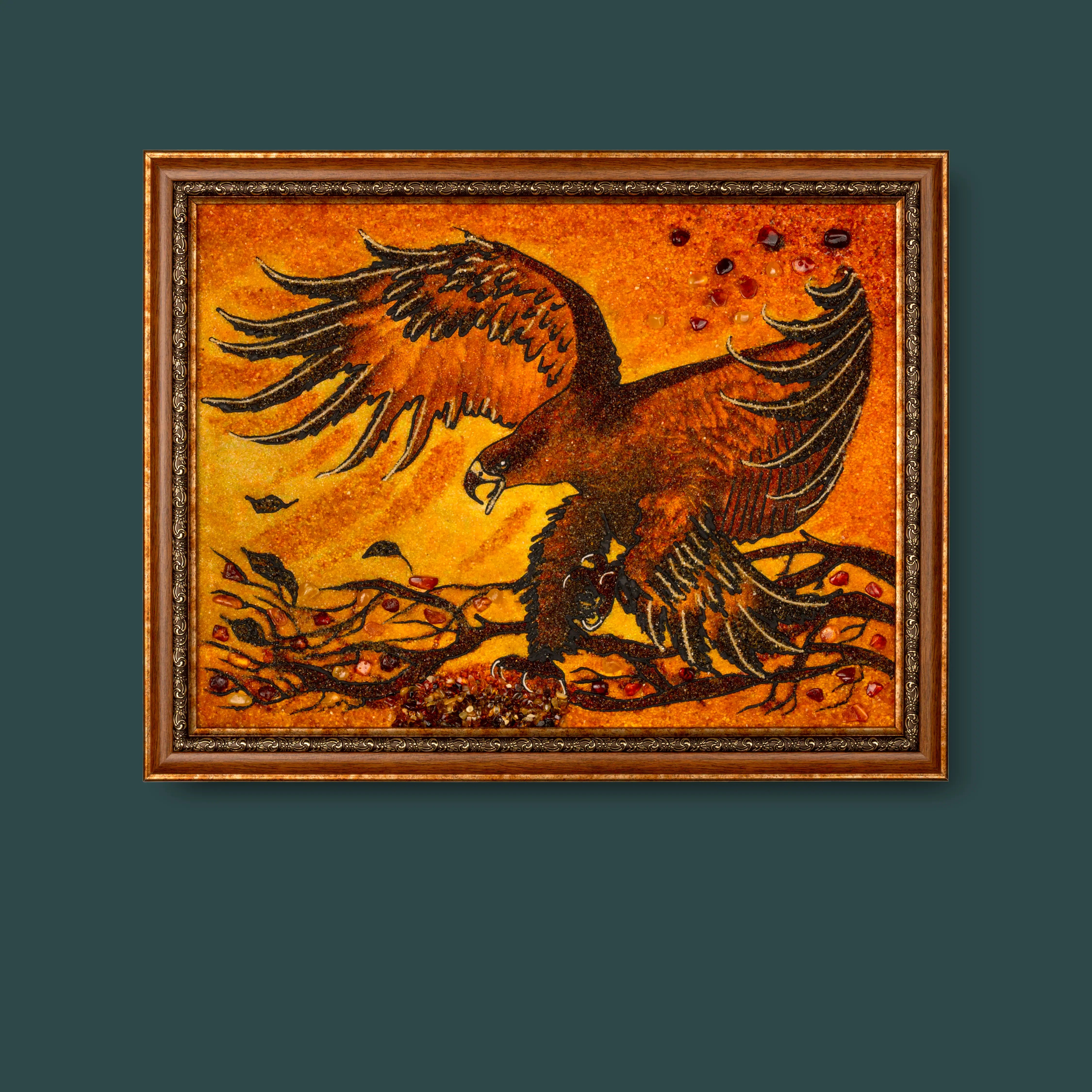 Authentic BalticBliss genuine amber picture showcasing a powerful eagle descending over a golden landscape, intricately crafted with real Baltic amber stones, exquisite Lithuanian handmade amber art, ideal for luxury home decor and meaningful gifts.