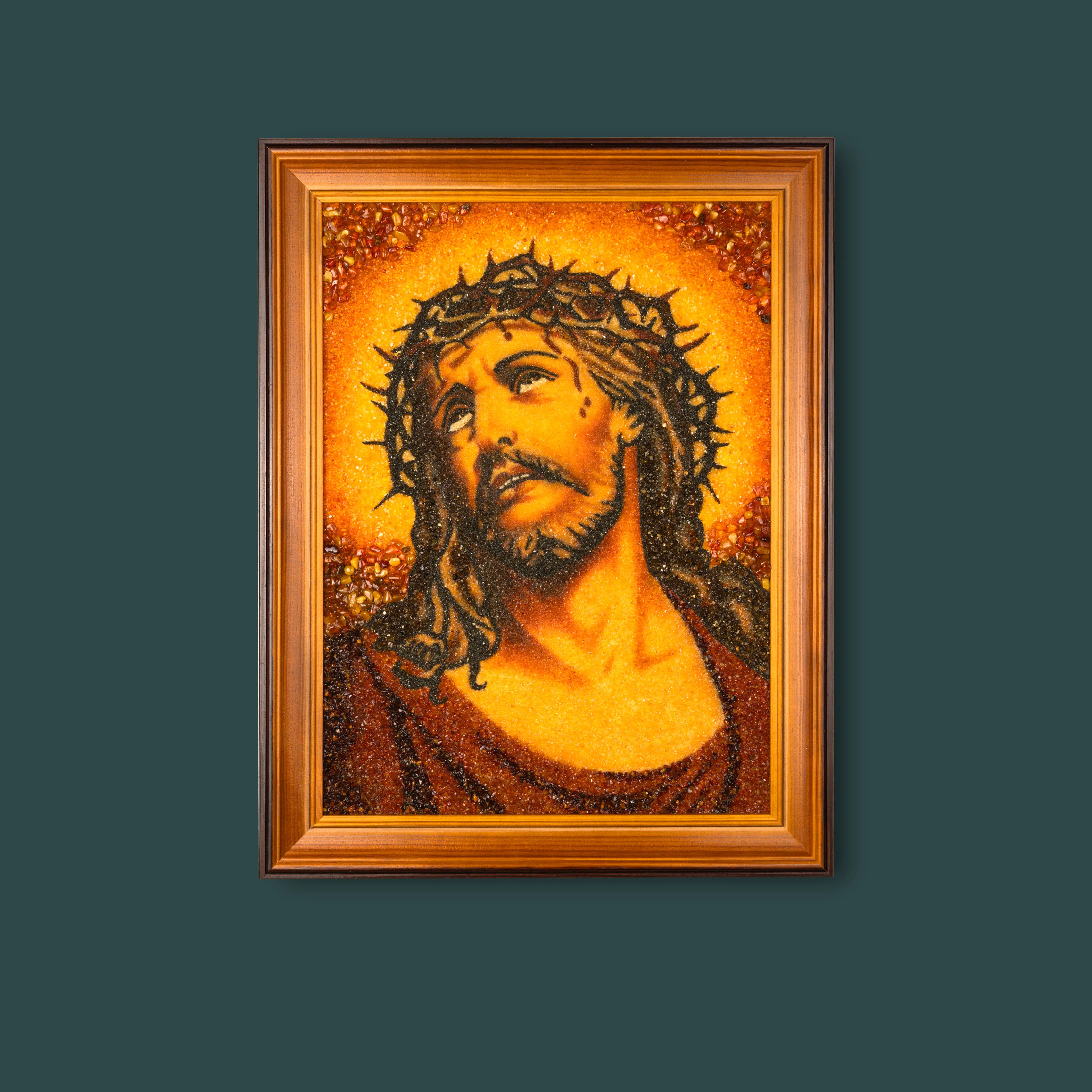 Full view of BalticBliss genuine amber artwork portraying Jesus Christ with crown of thorns, created with authentic Baltic amber pieces, traditional Lithuanian handmade amber art, perfect for religious home decor and heartfelt gifts.