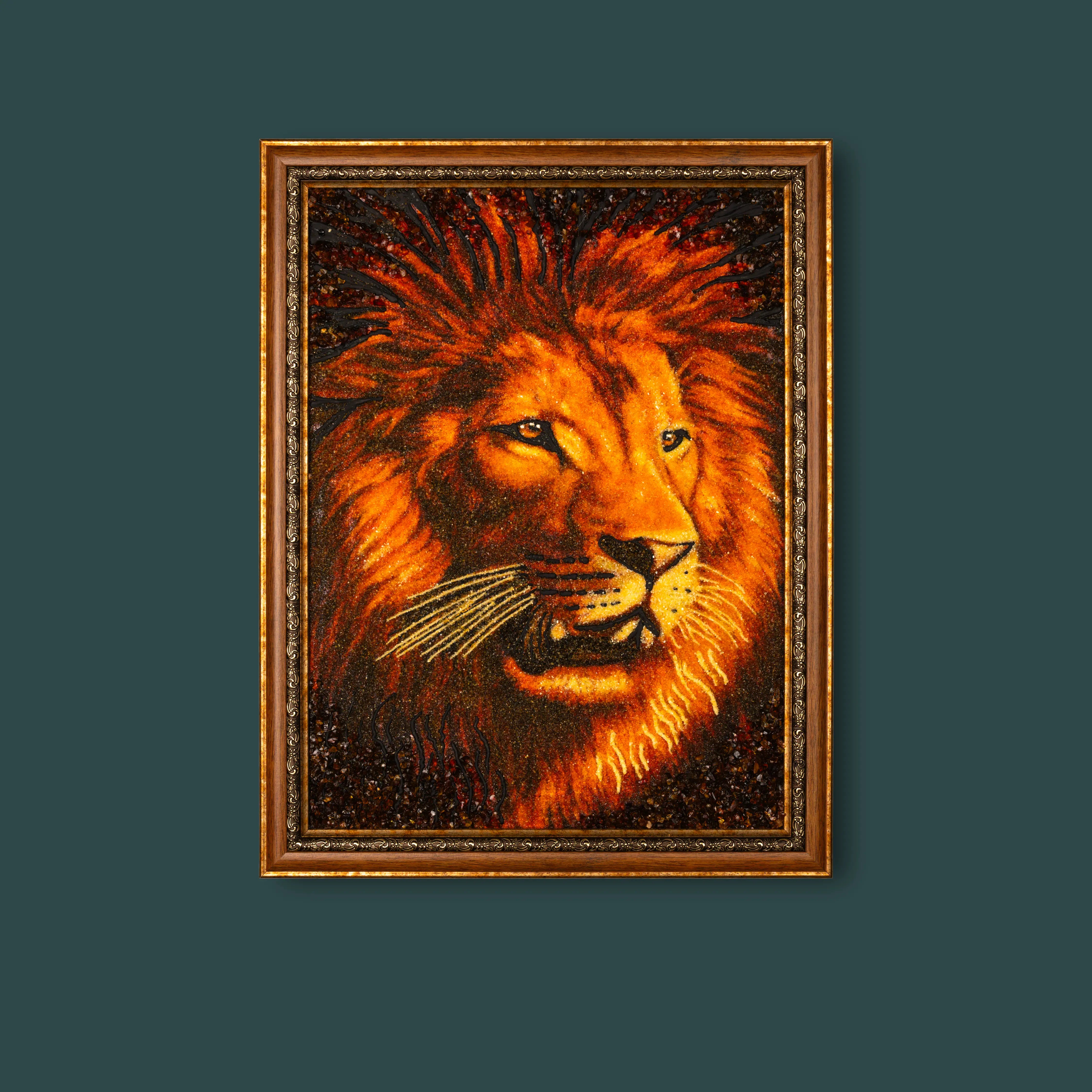 BalticBliss genuine amber lion portrait painting, majestic wildlife artwork handcrafted from natural cognac Baltic amber pieces with rich mane texture, authentic Lithuanian handmade amber art wall décor.