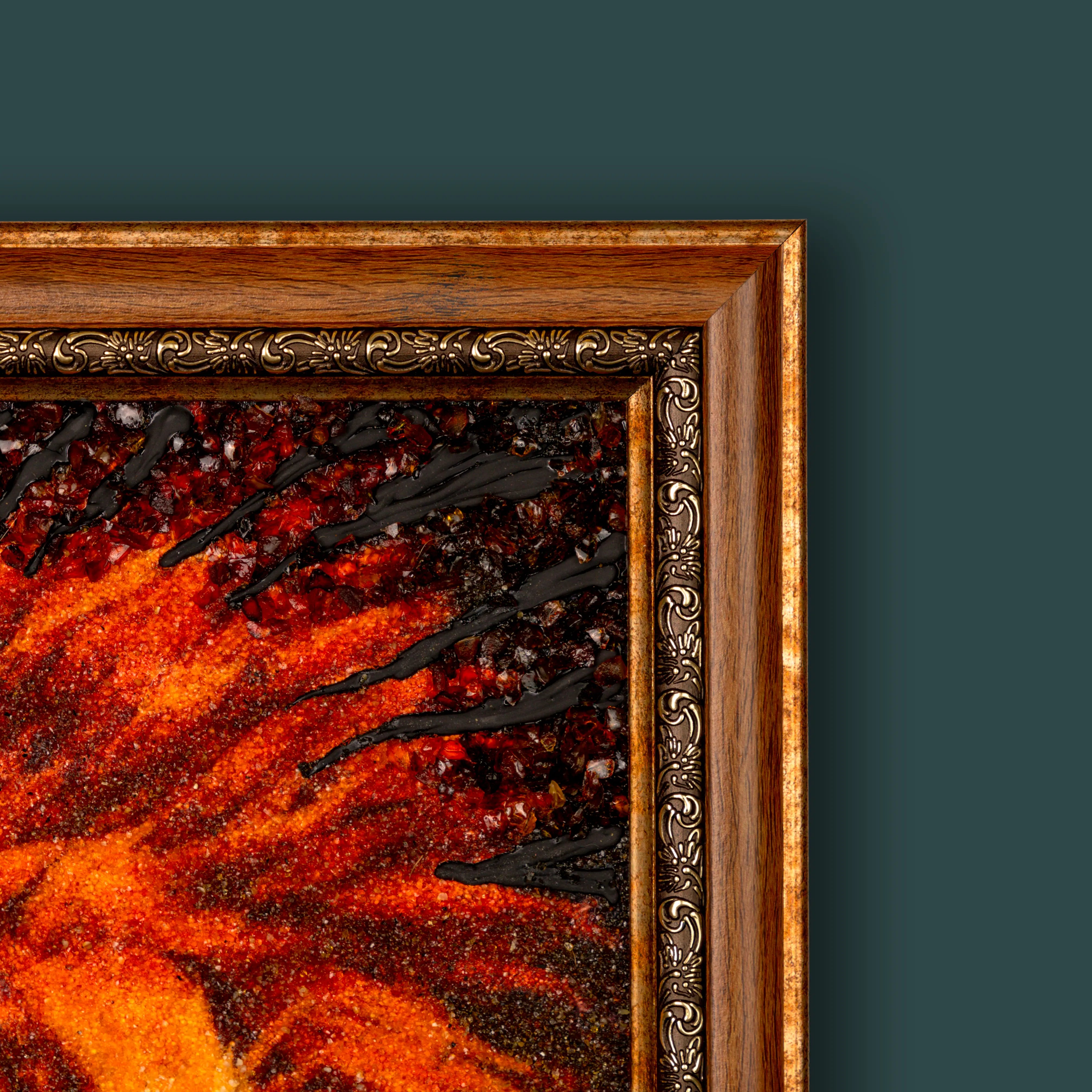 Corner close-up of BalticBliss genuine amber wildlife painting, featuring vibrant fiery fur texture crafted from natural cognac Baltic amber chips and dark wood inclusions, ornate carved wooden-and-gilt frame detail, authentic Lithuanian amber art décor.