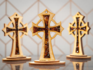 BalticBliss genuine amber standing wooden Celtic crosses with natural Baltic amber chips, handcrafted Lithuanian amber cross home décor set, authentic amber religious souvenir gift.