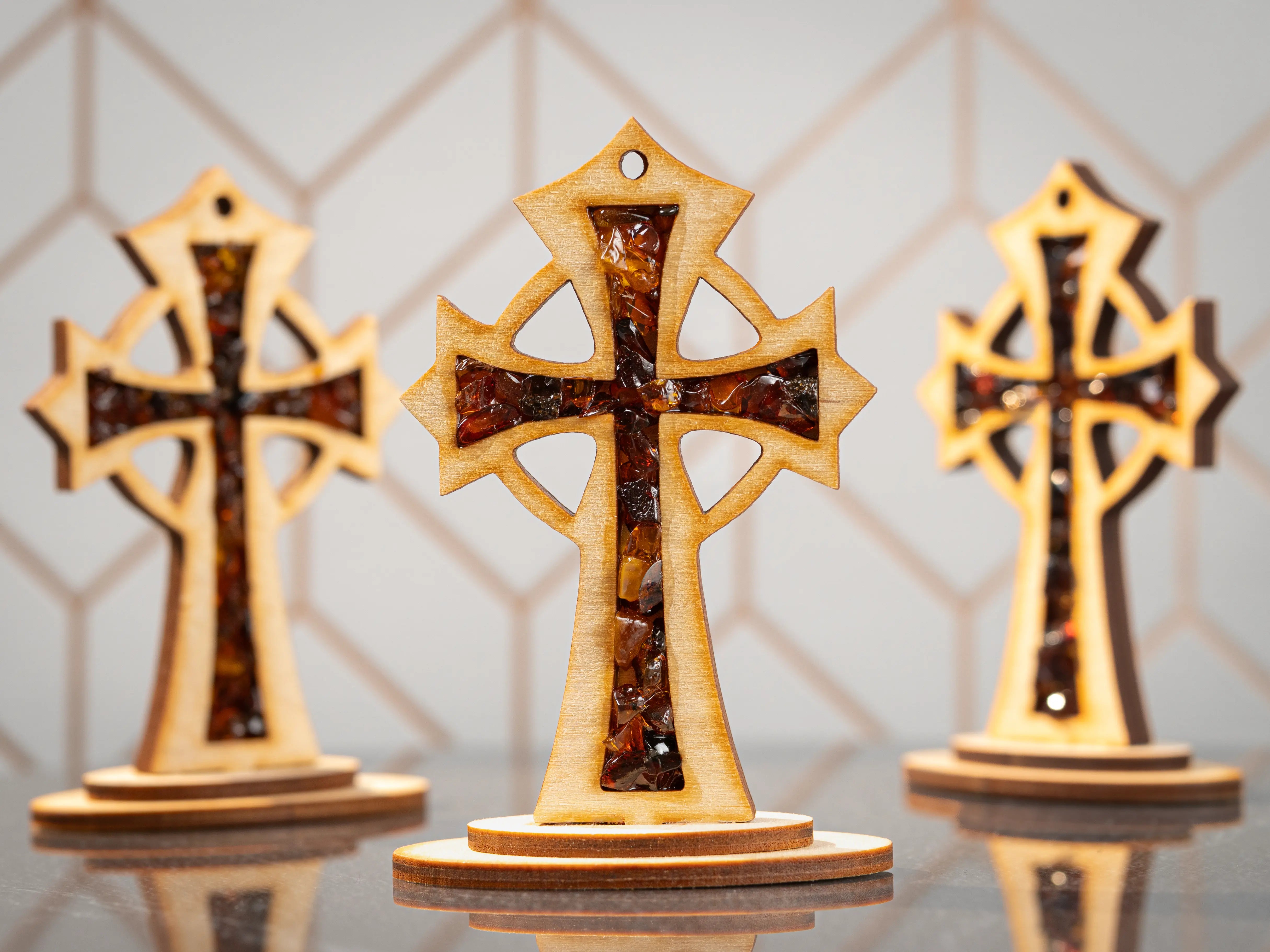 BalticBliss genuine amber standing wooden Celtic crosses with natural Baltic amber chips, handcrafted Lithuanian amber cross home décor set, authentic amber religious souvenir gift.
