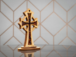 BalticBliss genuine amber standing amber cross with natural Baltic amber chips in carved wooden frame, handcrafted Lithuanian religious home décor crucifix, unique amber cross souvenir gift.