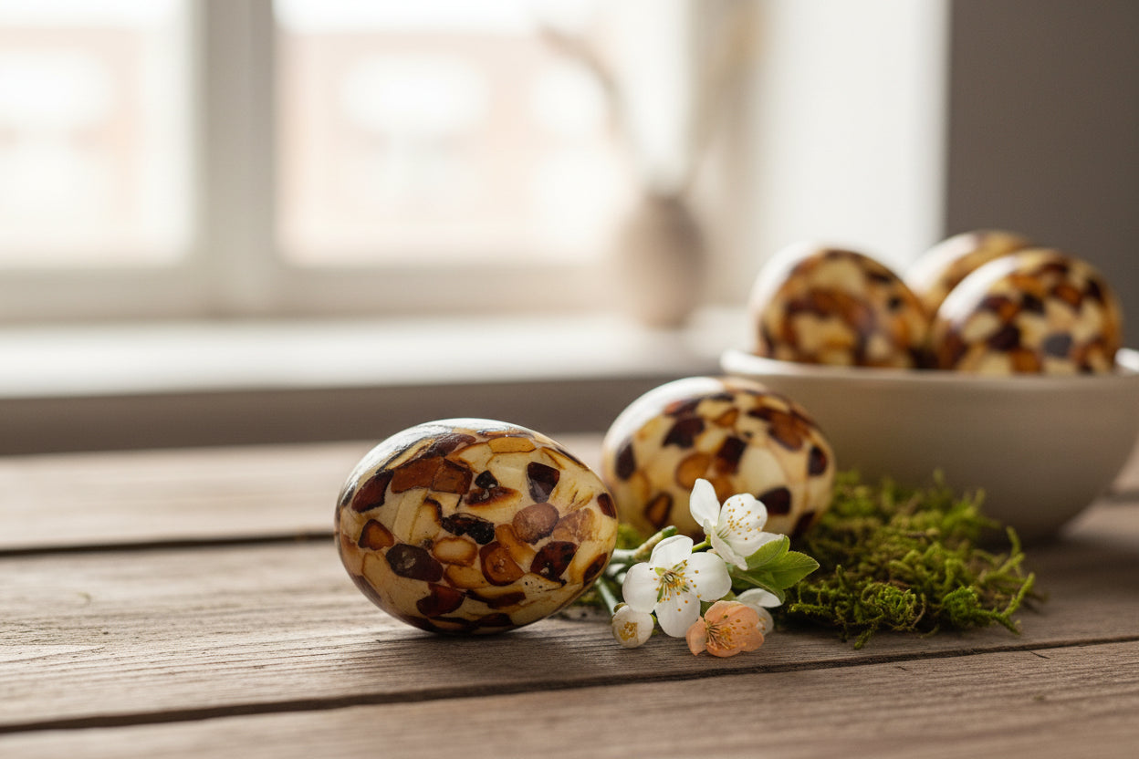 Bright natural light lifestyle photo of handcrafted amber mosaic Easter eggs on a wooden table. Two eggs in foreground with white spring blossoms and moss, more eggs in a white bowl behind – fresh minimalist Easter home decor with soft window light.